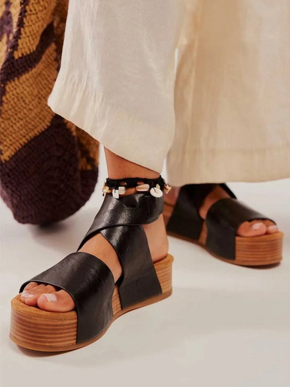 Kelsi Dagger Black Leather Platform Sandals with Wood-Look Sole